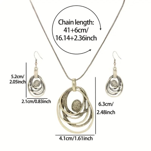 Elegant Necklace and Earrings Set Round Irregular Antique Silvery Plated - Picture 4 of 4